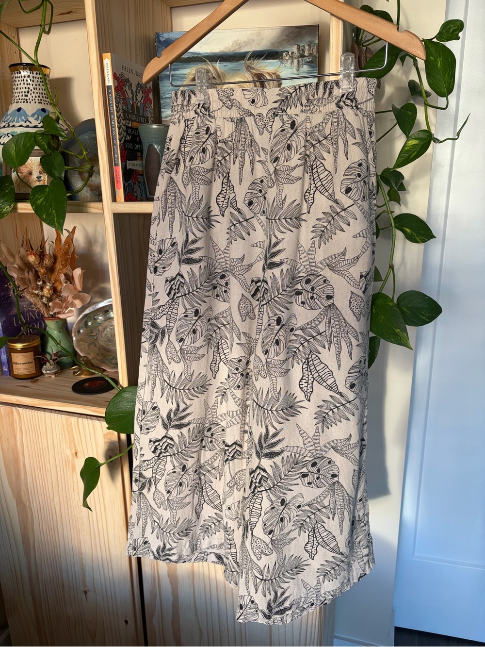 Leaf-Print Linen Blend Wide Leg Pants